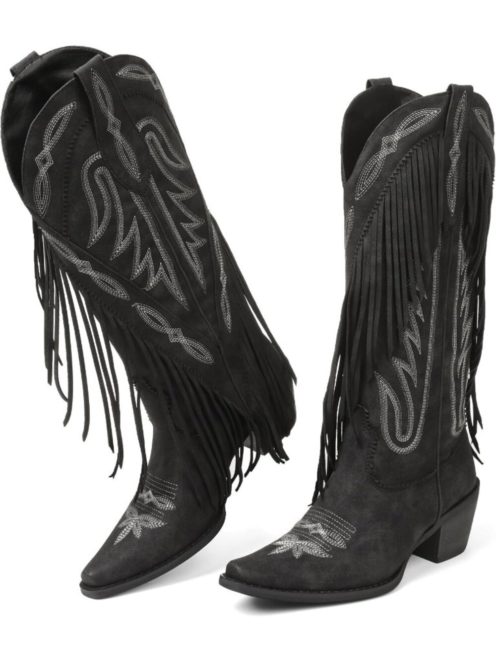 Women's Black Suede Pointed Toe Pull On Block Chunky Heel Embroider Cowgirl Boot
